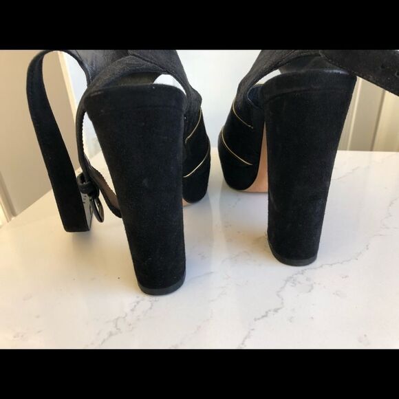 Stuart Weitzman  Black Suede Peep Toe Platform Heel Sandals with chunky heel Sz7 - Picture 6 of 7